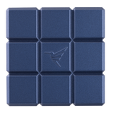 a square blue object with a logo