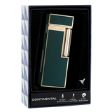 The Colibri Continental soft flame lighter in gold and dark green is showcased in a black foam box with geometric sides. The packaging highlights its large fuel tank, soft flame, and 2-year warranty—ideal for luxury cigar lighting.