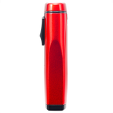 A metallic red Colibri Monaco lighter by Colibri, Est. 1928 stands upright on its base, side view, showing triple-jet flames and a blue fuel window, against a plain white background.