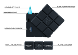 a black square object with blue flames
